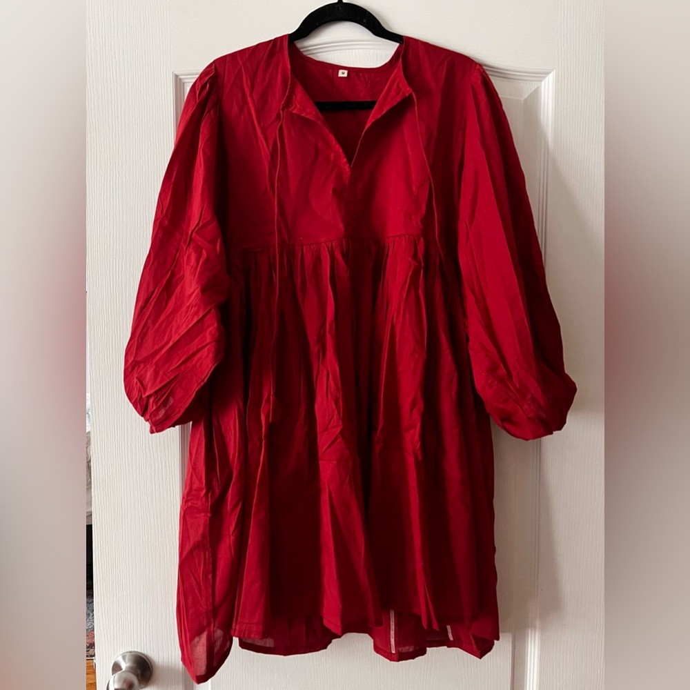 100% Cotton Red Smock Dress with Puff Sleeves